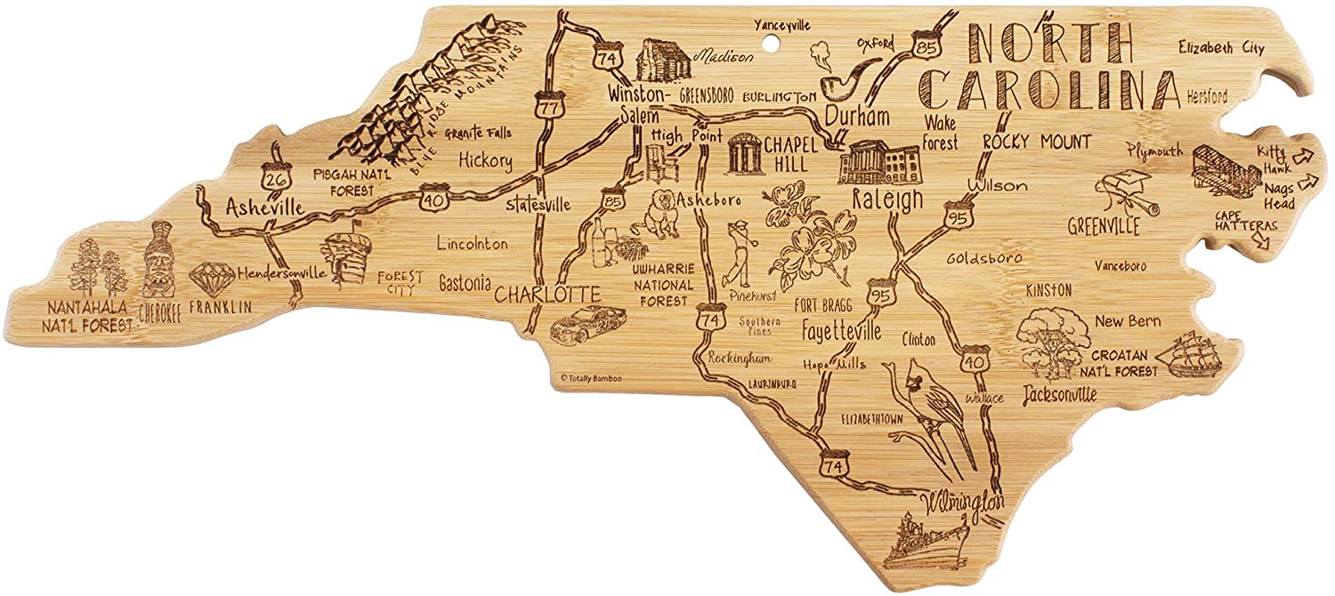 Price:$29.99 Bamboo Destination North Carolina State Shaped Serving and Cutting Board, Includes Hang Tie for Wall Display: Home & Kitchen