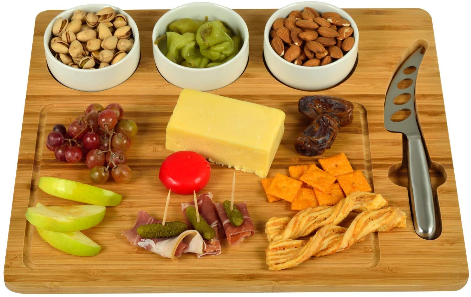 Price:$39.00 at Ascot Bamboo Cutting Board for Cheese & Charcuterie - Includes 3 Ceramic Bowls & Cheese Knife - Patent Pending - Designed & Quality Checked in the USA : Home & Kitchen