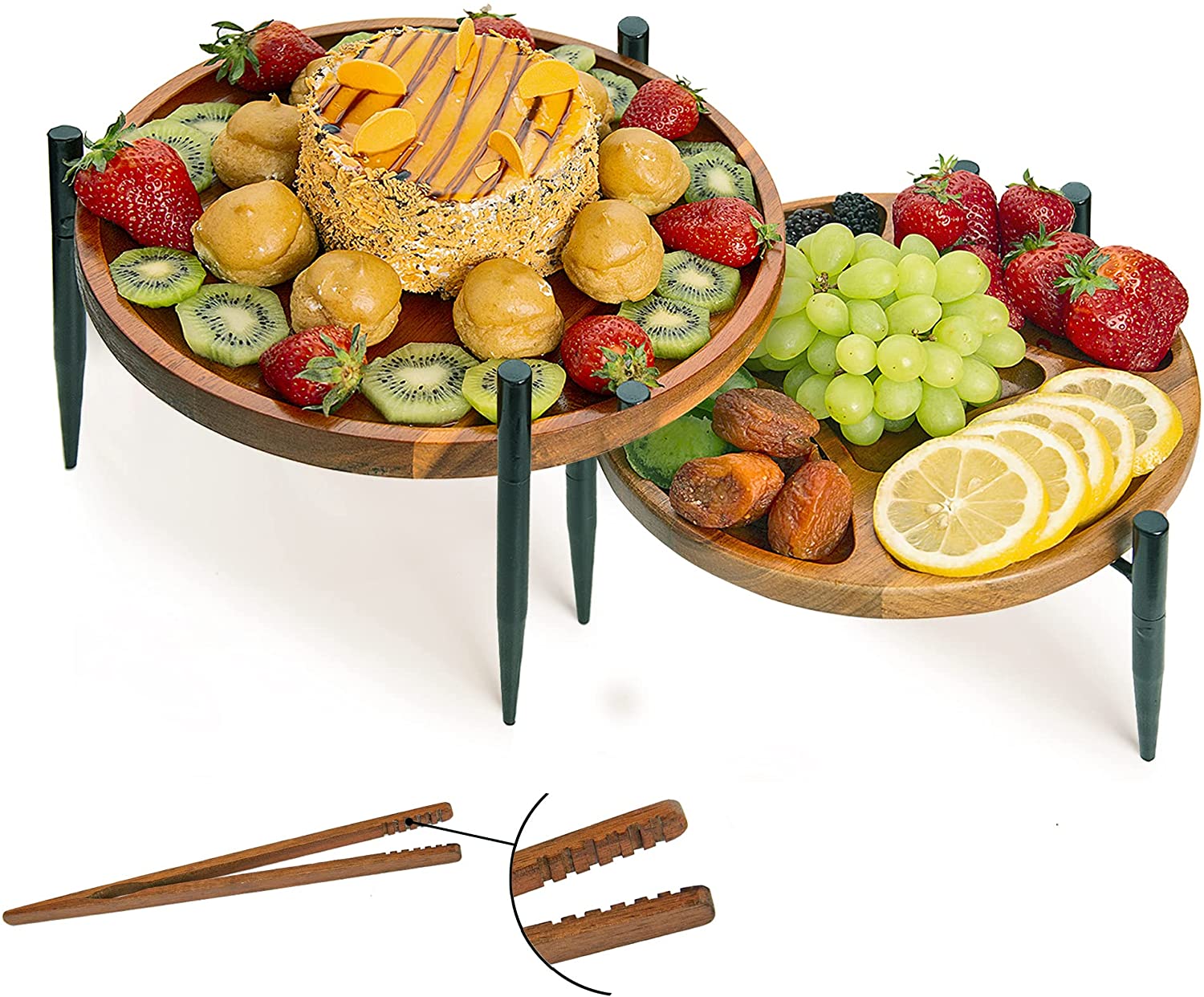 Price:$42.99 Set of 2 Acacia Wooden Serving Trays with Black Metal Crown Cupcake and Cake Stand - Round Decorative Platters for Cheese Fruits Crackers - Serving Display Riser Stands with Wood Tong : Home & Kitchen
