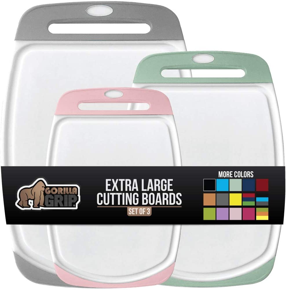Price:$29.99 Grip Reversible, Oversized, Thick Cutting Board Set of 3, Grip Handle, Deep Juice Grooves, Slip Resistant, Large Kitchen Chopping Boards for Meat, Vegetable, Dishwasher Safe, Gray, Mint, Pink: Home & Kitchen