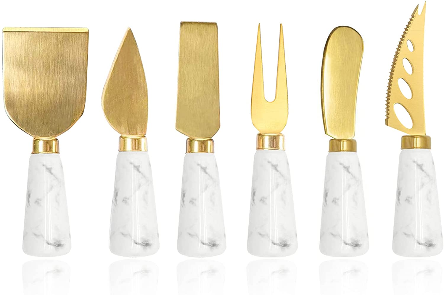 Price:$27.99 Cheese Knife Set 6 Piece, Marble Handle Butter Spatula Knives, Cheese Spreader Cutter with Ergonomic Ceramic Handle, Cheese Shaver and Fork for Holiday, Birthday, Wedding, Party (Gold): Home & Kitchen