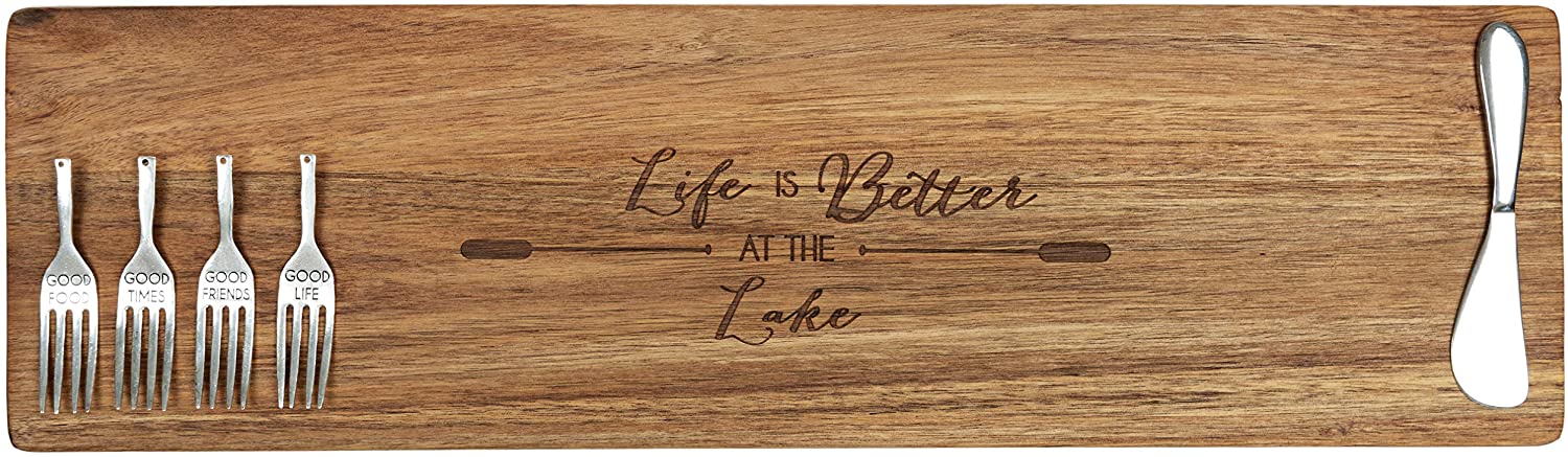 Price:$33.91 Gift Company Life Is Better At The Lake 21 x 6 Inch Cheese Serving Board, Single Knife & Four Fork Set With Debossed Text, 21", Brown: Serveware Accessories