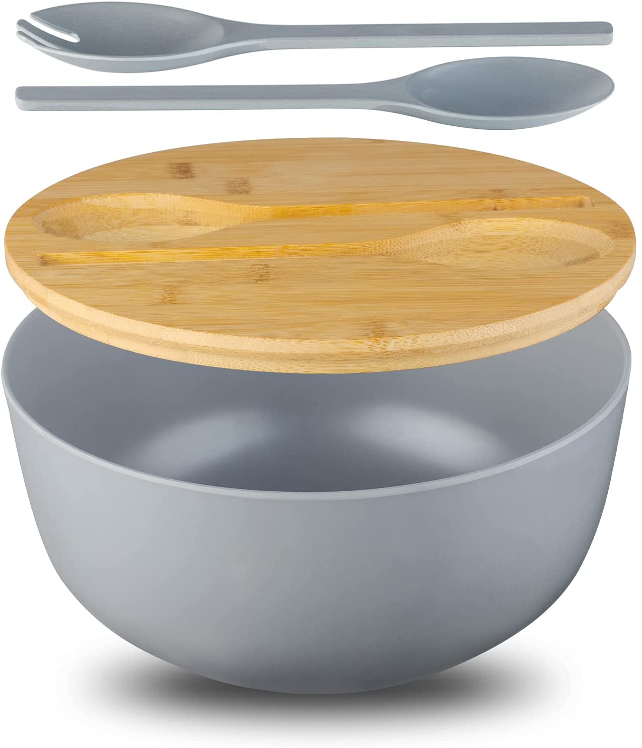 Price:$31.99 Bowl with Lid and Tongs Set, Large 9.8" Bamboo Fiber Serving Bowl for Salad, Fruit, Pasta to Replace Wooden Bowls( Elegant Grey): Bowls