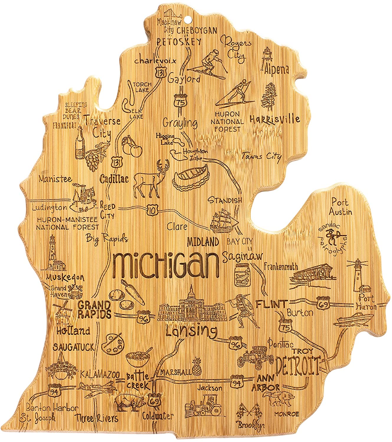 Price:$29.99 Bamboo Destination Michigan State Shaped Serving and Cutting Board, Includes Hang Tie for Wall Display: Home & Kitchen