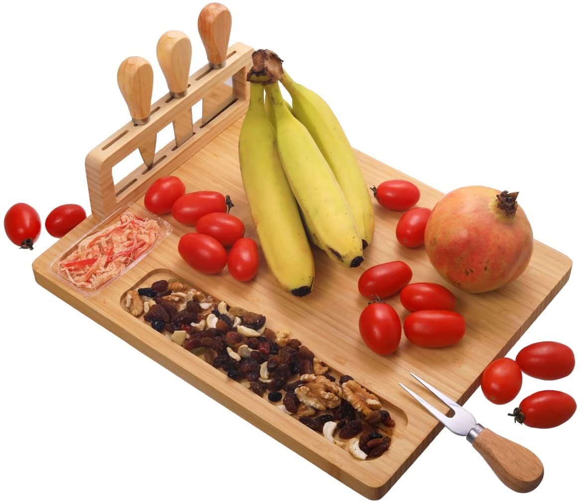 Price:$42.99 14'' Bamboo Cutting Cheese Board and Knife Set, Wooden Charcuterie Platter Meat Tray with 4 Cheese Stainless Steel Knives, Chopping Board Food Prep Station Serving Board : Home & Kitchen