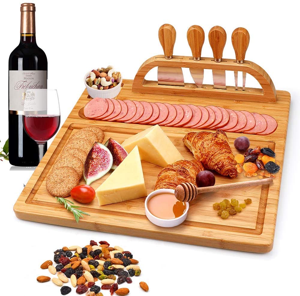 Price:$31.99 Cheese Board Set Cheese Plate Board with Cutlery Set, Wood Serving Tray and Charcuterie Platter includes 4 Stainless Steel Knife and Server Set, Perfect Gift for Birthdays, Wedding, Christmas: Cheese Plates