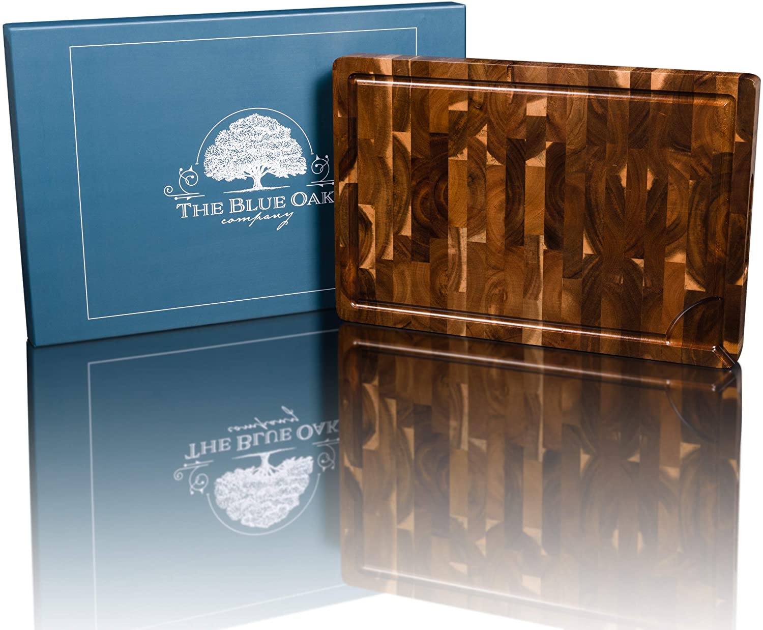 Price:$57.95 BLUE OAK COMPANY Premium Large End Grain Acacia Wood Cutting Board with Juice Groove and Spout | Chopping Board | Charcuterie Board | Cheese Board: Home & Kitchen