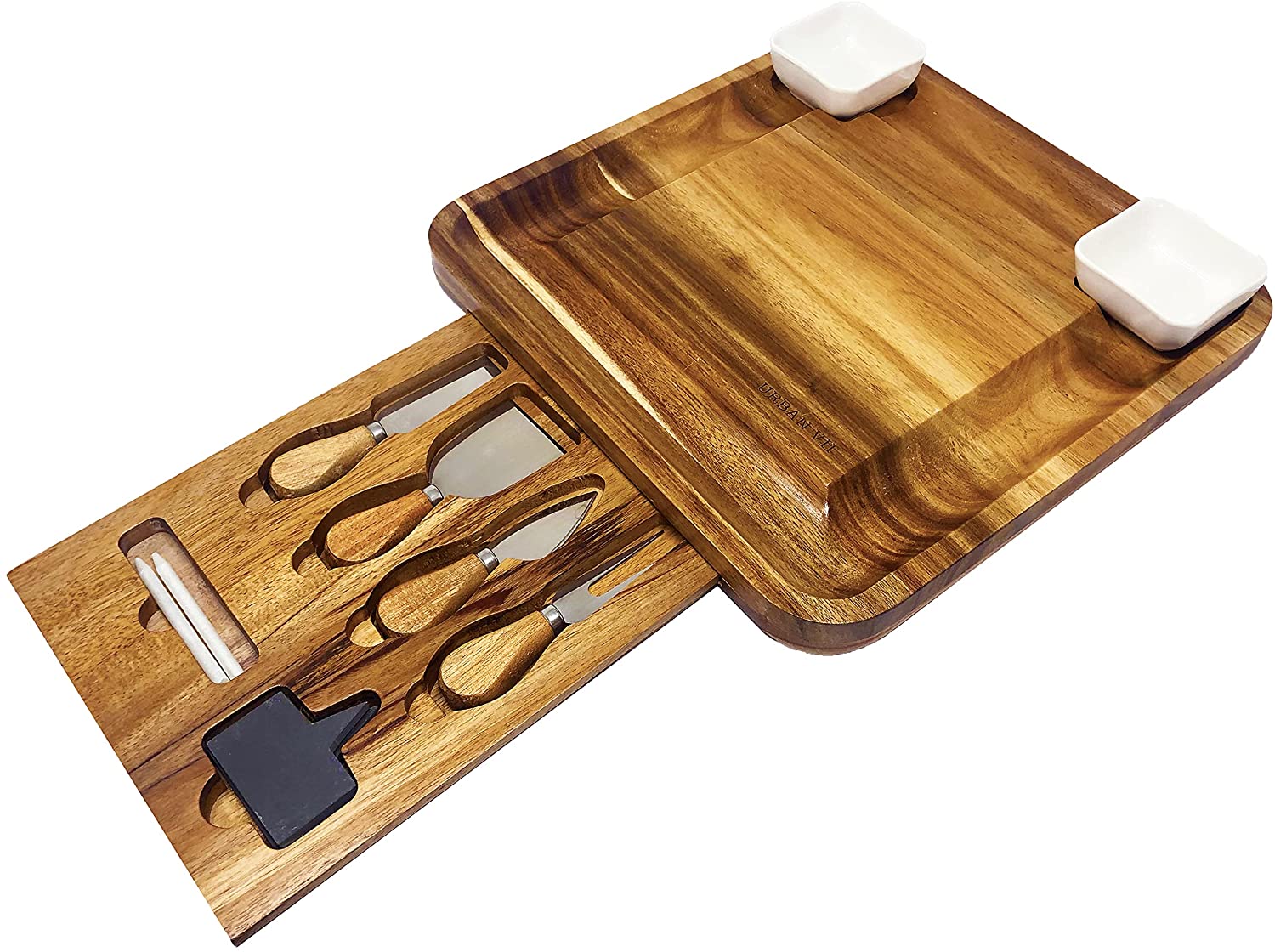 Price:$52.99 VII Cheese Board and Knife Set (13 x 13 x 1.5") - 100% Natural Acacia Wood Charcuterie Board Set with 2 Ceramic Bowls, 4 Cheese Knives, Cheese Labels - Birthday, Wedding, or Housewarming Gift: Cheese Plates