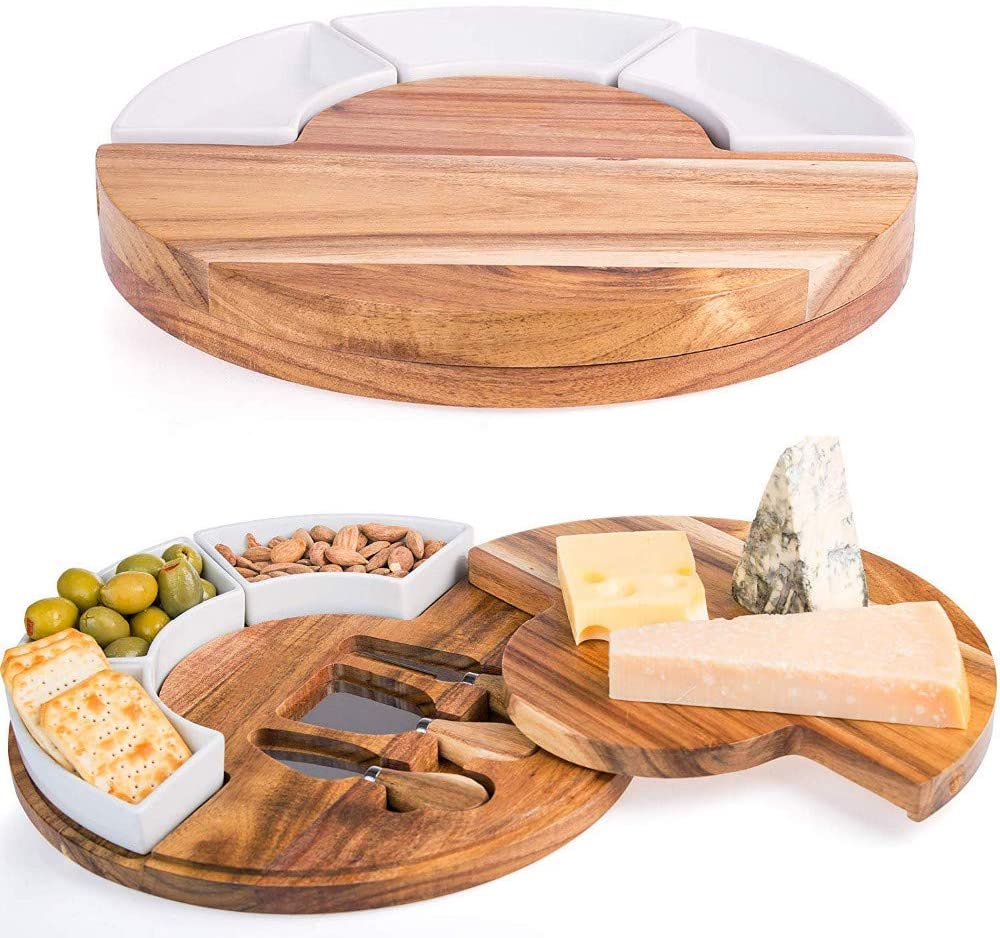 Price:$34.50 Wood Cheese Cutting Board Set - Charcuterie Board Set and Cheese Serving Platter with Utensil Set and Ceramic Bowls Perfect Meat/Cheese Board and Knife Set for Enterta(natural): Cheese Servers