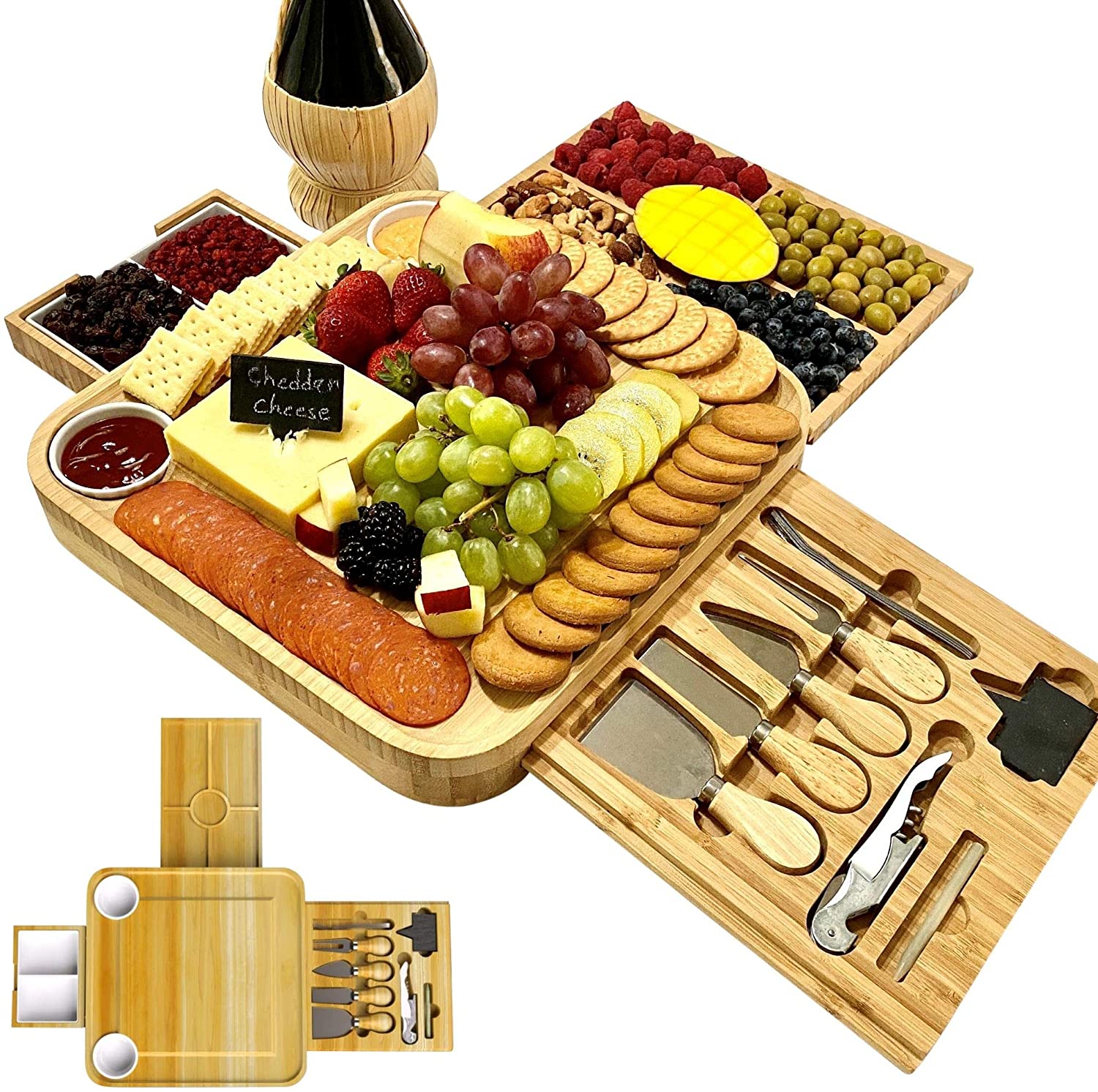 Price:$47.99 Cheese Board and Knife Set, Wooden Charcuterie, Bamboo Platter & Serving Meat Tray w/Slide-Out Drawers, 4 Knife, 4 fork, Gifts for Christmas, Birthday, Housewarming, Wedding: Cheese Plates
