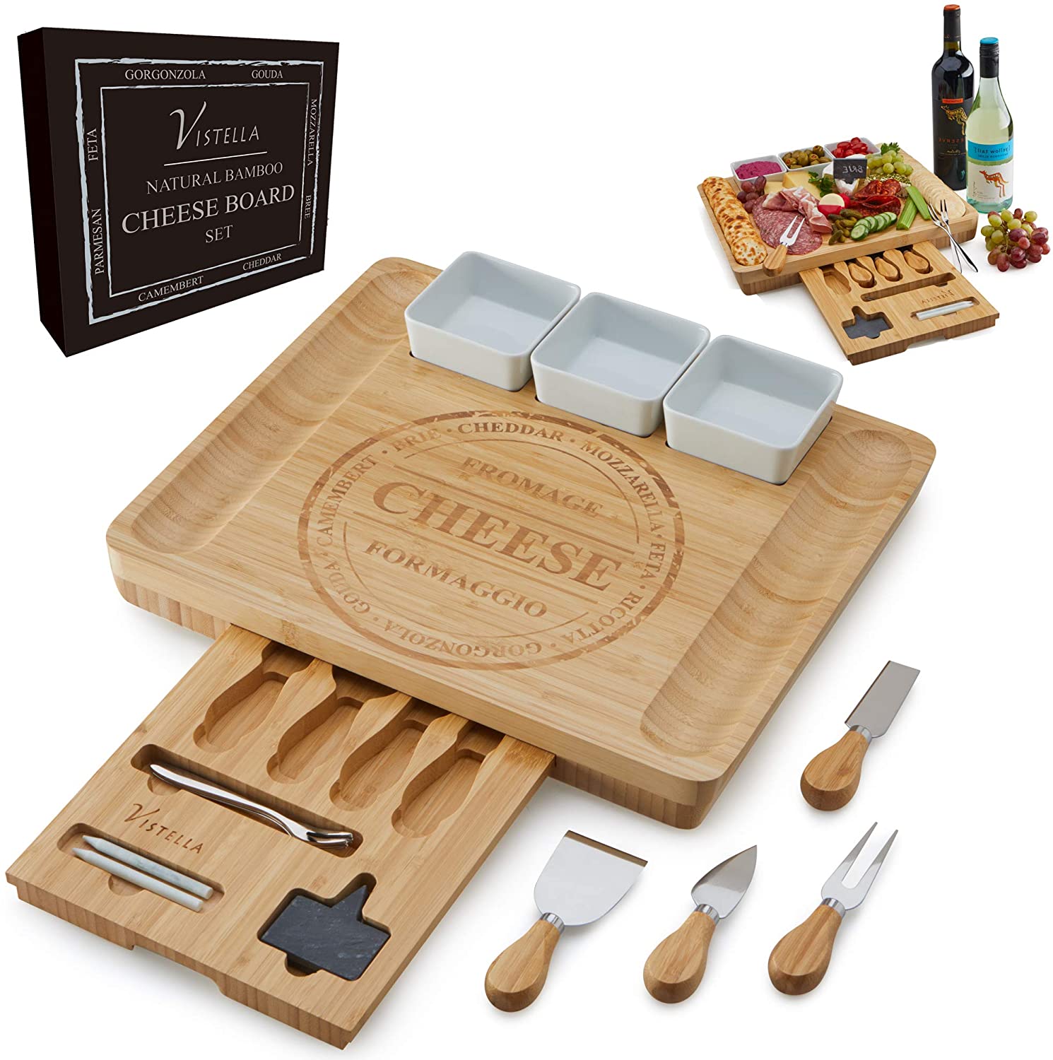 Price:$43.40 Charcuterie Cheese Board - Natural Bamboo Platter with drawer and Ceramic Bowls - Knives and Forks Set with Chalk Signs - Thicker Wider and Modern: Cheese Plates