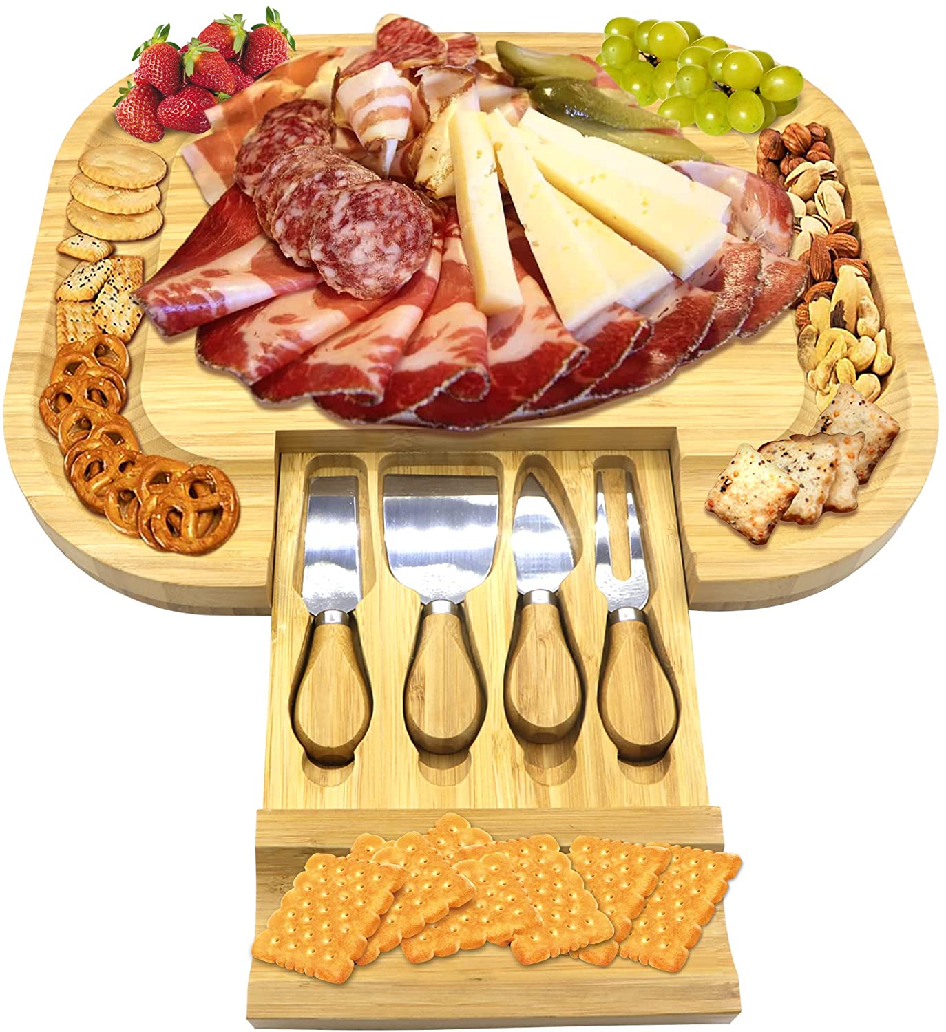Price:$37.00 Unique Bamboo Cheese Board and Knife Set, Stainless Steel Knife and Thick Wooden Server: Cheese Plates