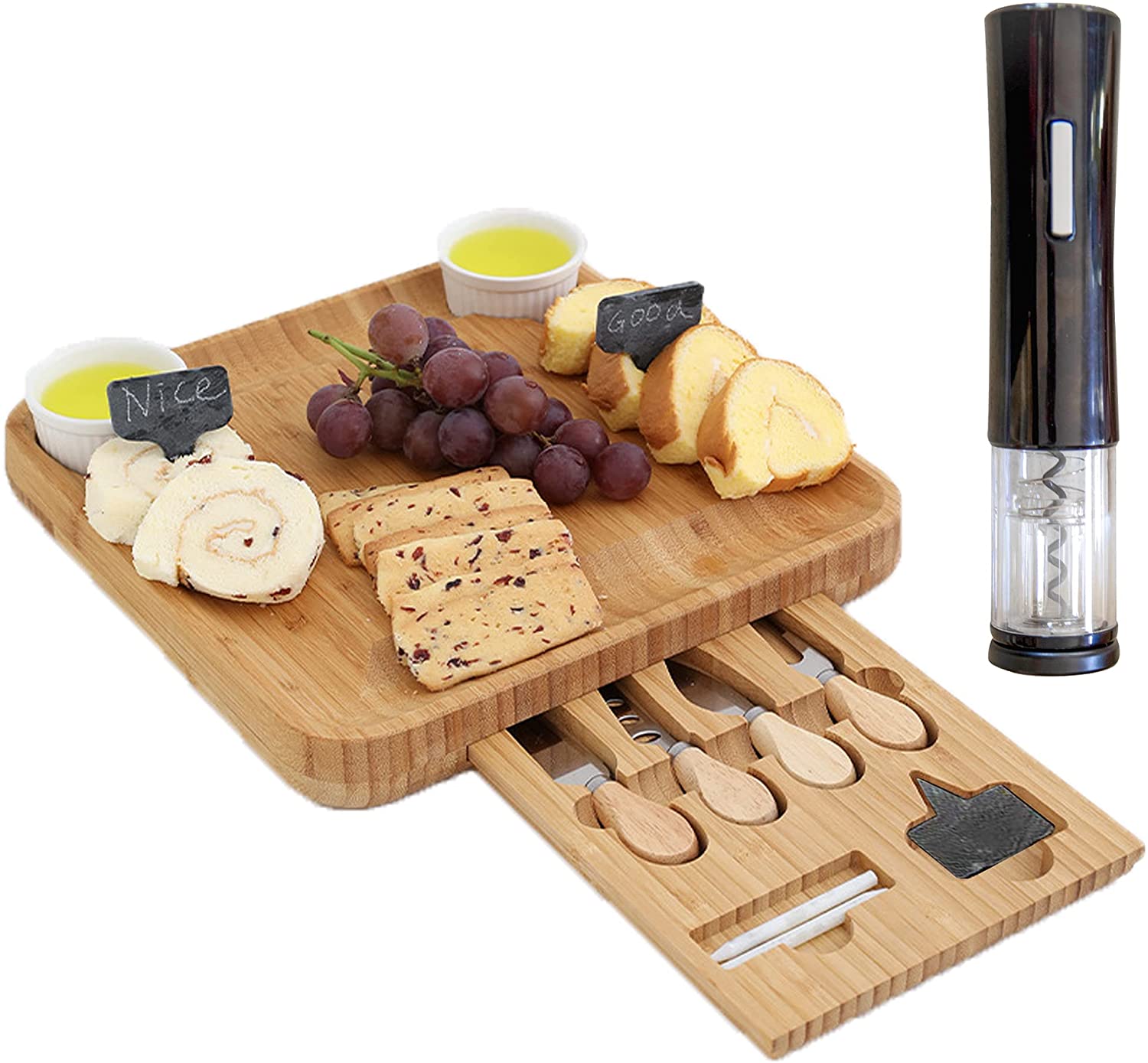 Price:$32.99 Bamboo Cheese Board with Electric Wine Opener, Charcuterie Slab, Stainless Steel Knife Set - 13 x 13 x 2 Inch Wood Serving Platter for Wine, Meat, Cheese: Home & Kitchen