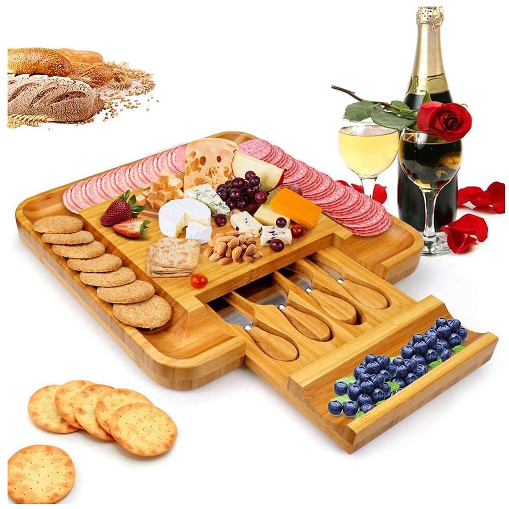 Price:$41.99 Bamboo Cheese Board and Knife Set, Charcuterie Platter and Serving Meat & Cheese Board with Slide-Out Drawer for Cutlery, 4 Stainless Steel Knives and Server Set: Cheese Plates