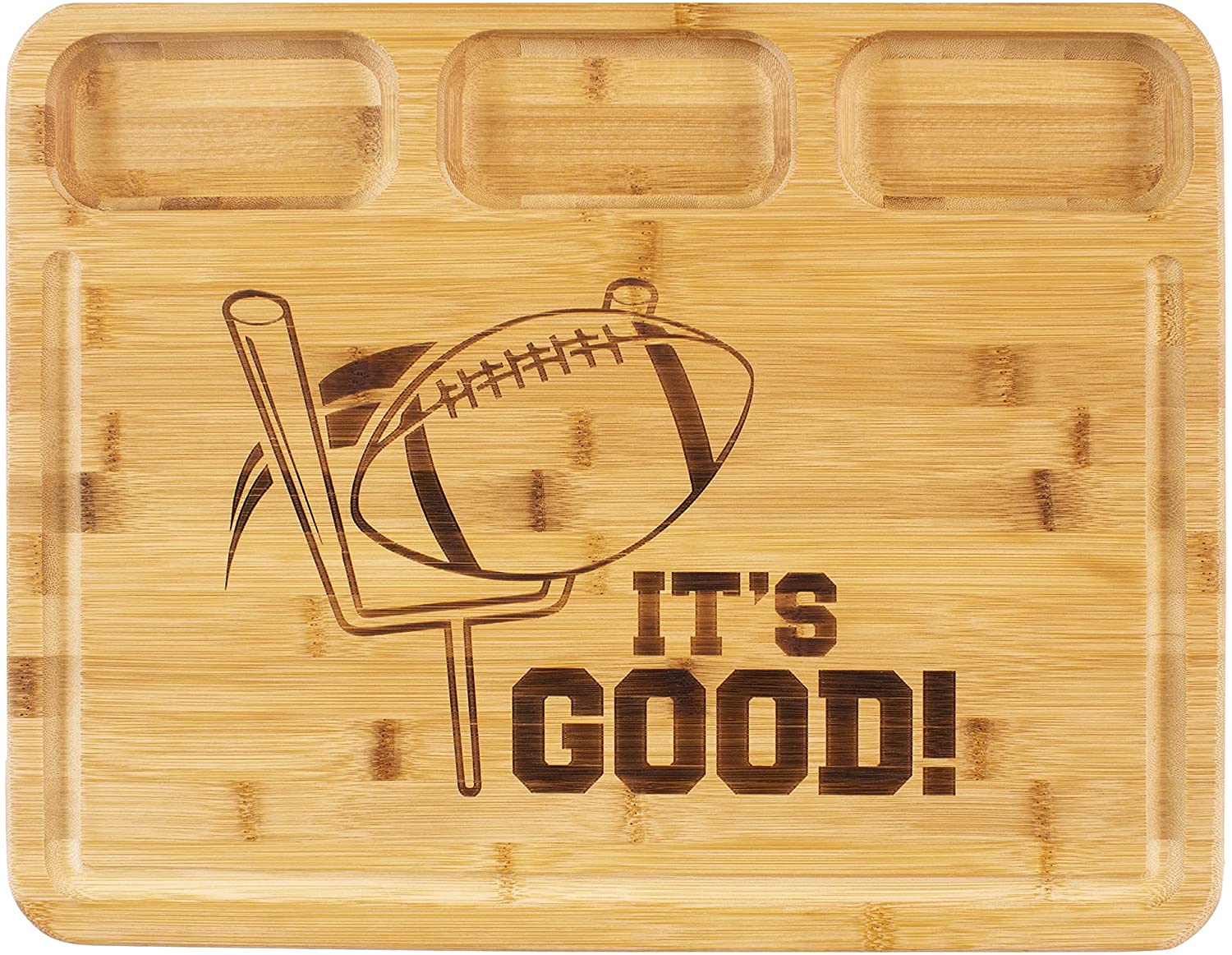 Price:$34.99 Bamboo 3 Well Kitchen Prep Cutting Board with Juice Groove and "It's Good" Football Engraving: Home & Kitchen