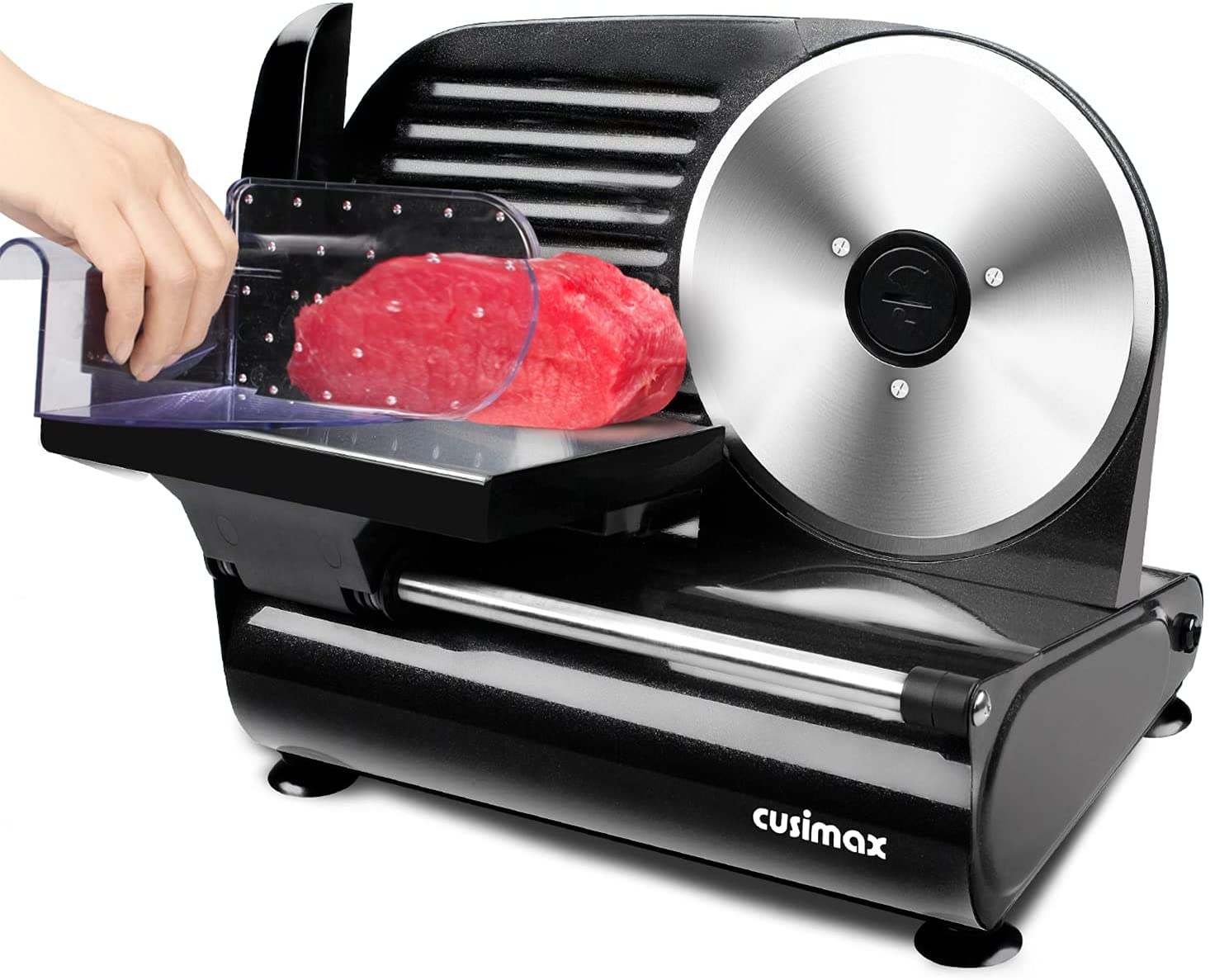 Price:$136.98 Slicer, CUSIMAX Electric Food Slicer with 7.5” Removable Stainless Steel Blade and Food Carriage, Cheese Fruit Vegetable Bread Deli Food Slicer, Adjustable Knob for Thickness-Upgraded Version: Home & Kitchen