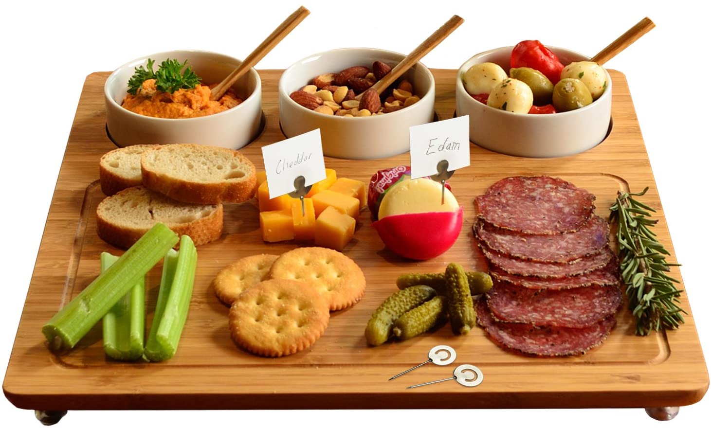 Price:$38.00 at Ascot Bamboo Cheese Board/Charcuterie Platter - Includes 3 Ceramic Bowls with Bamboo Spoons & Cheese Markers -13"x 13"- Designed and Quality Checked in the USA: Cheese Plates