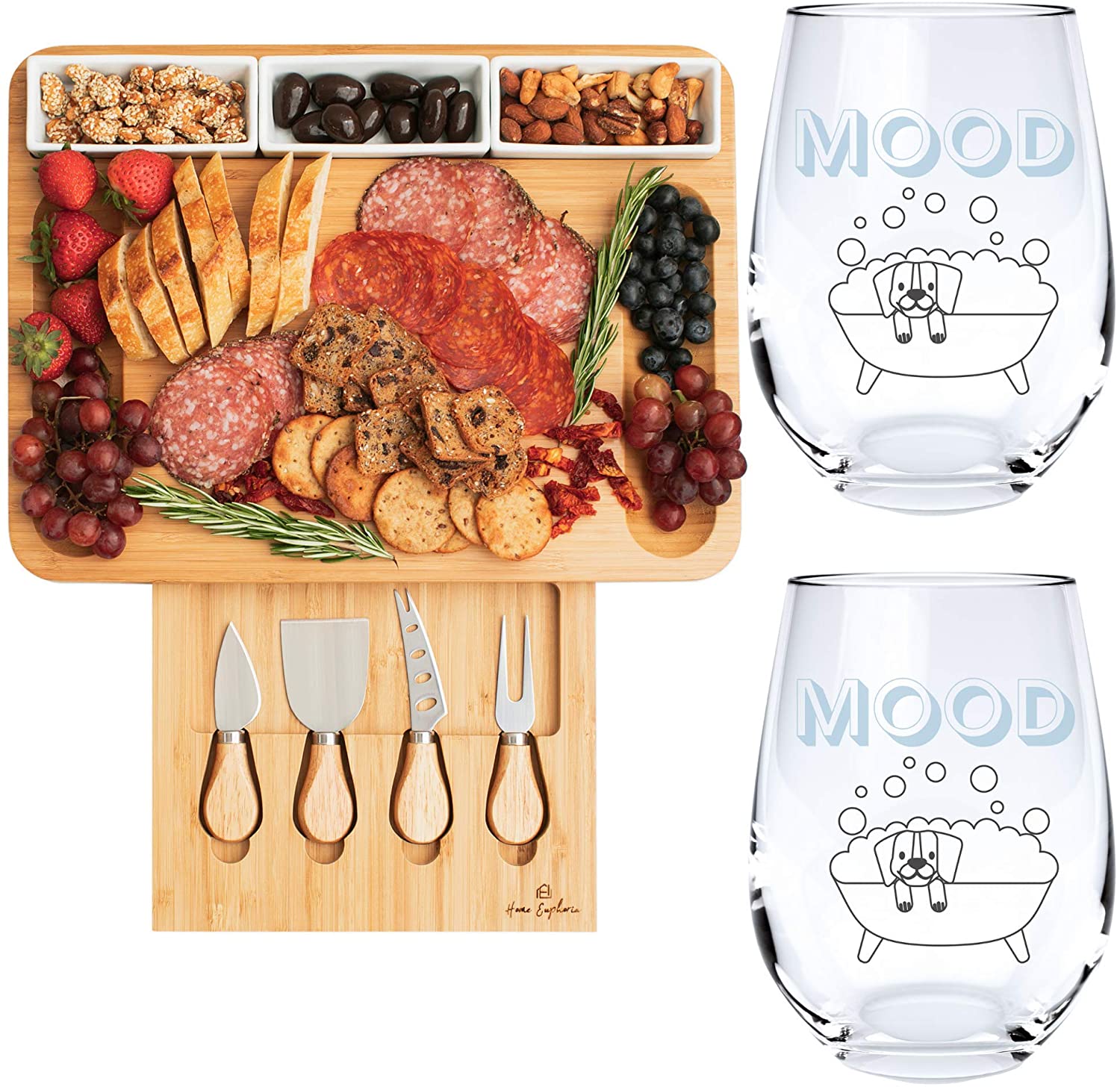 Price:$59.99 Euphoria Natural Bamboo Cheese Board and Cutlery Set with Rectangular Ceramic Ramekins & 2 Mood | Stemless Funny Wine Glass | Cute Wine Glass for Women or Men: Cheese Plates