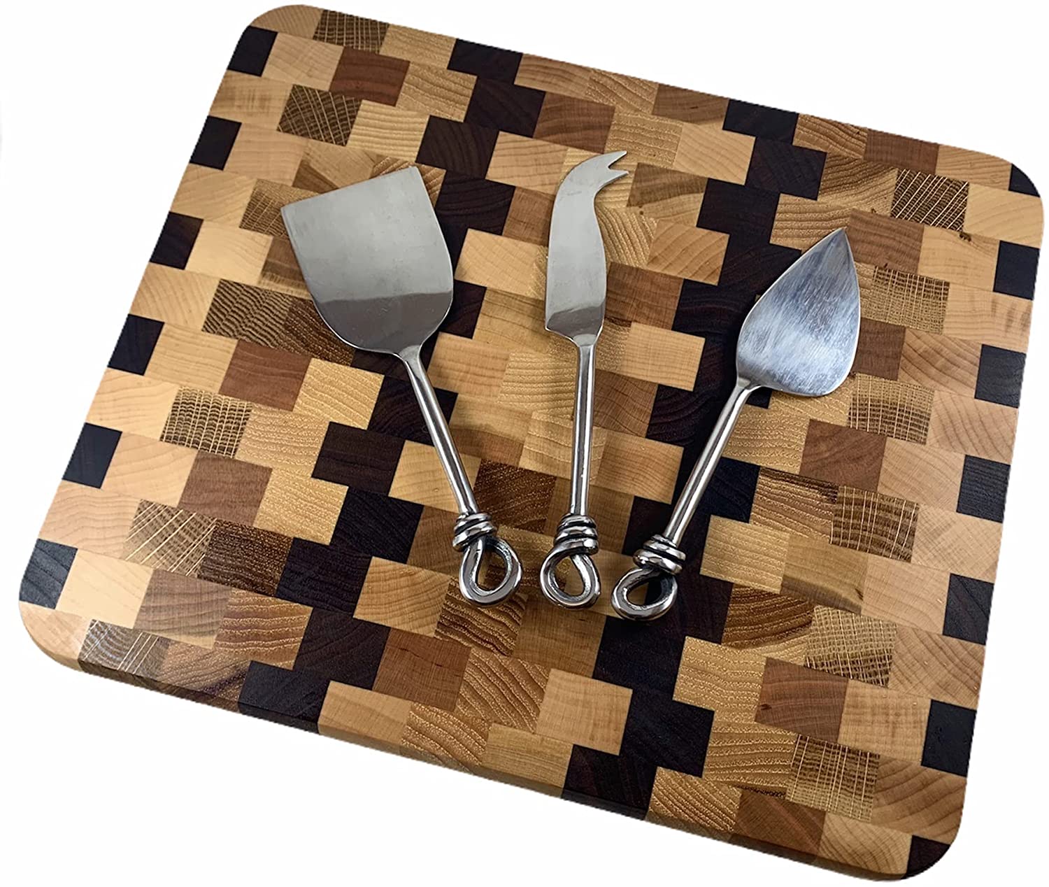 Price:$79.99 Home Goods End Grain Wood Cheese Board and Knife Set - Charcuterie 10 x 12 Hand-in USA Cutting w Non-Slip Walnut Stainless Steel Knives & Oil, Multicoloured, 12L x 10W x 1 ¼ H: Cheese Plates