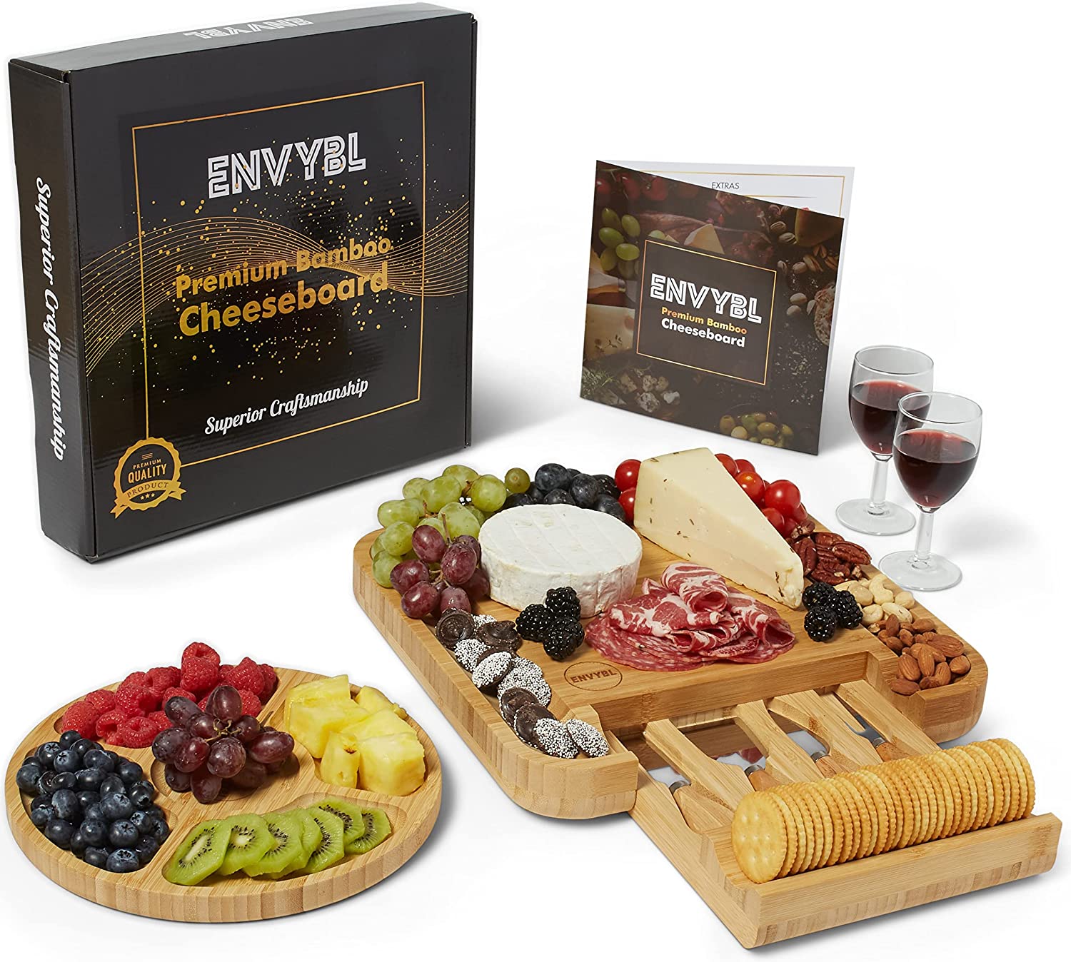 Price:$49.99 Bamboo Cheese Board & Cutlery Knife Set Serving Tray with Fruit Platter & Charcuterie Guide - Perfect Appetizer Appliance for Meat & Wine Hosting or Gifts : Home & Kitchen