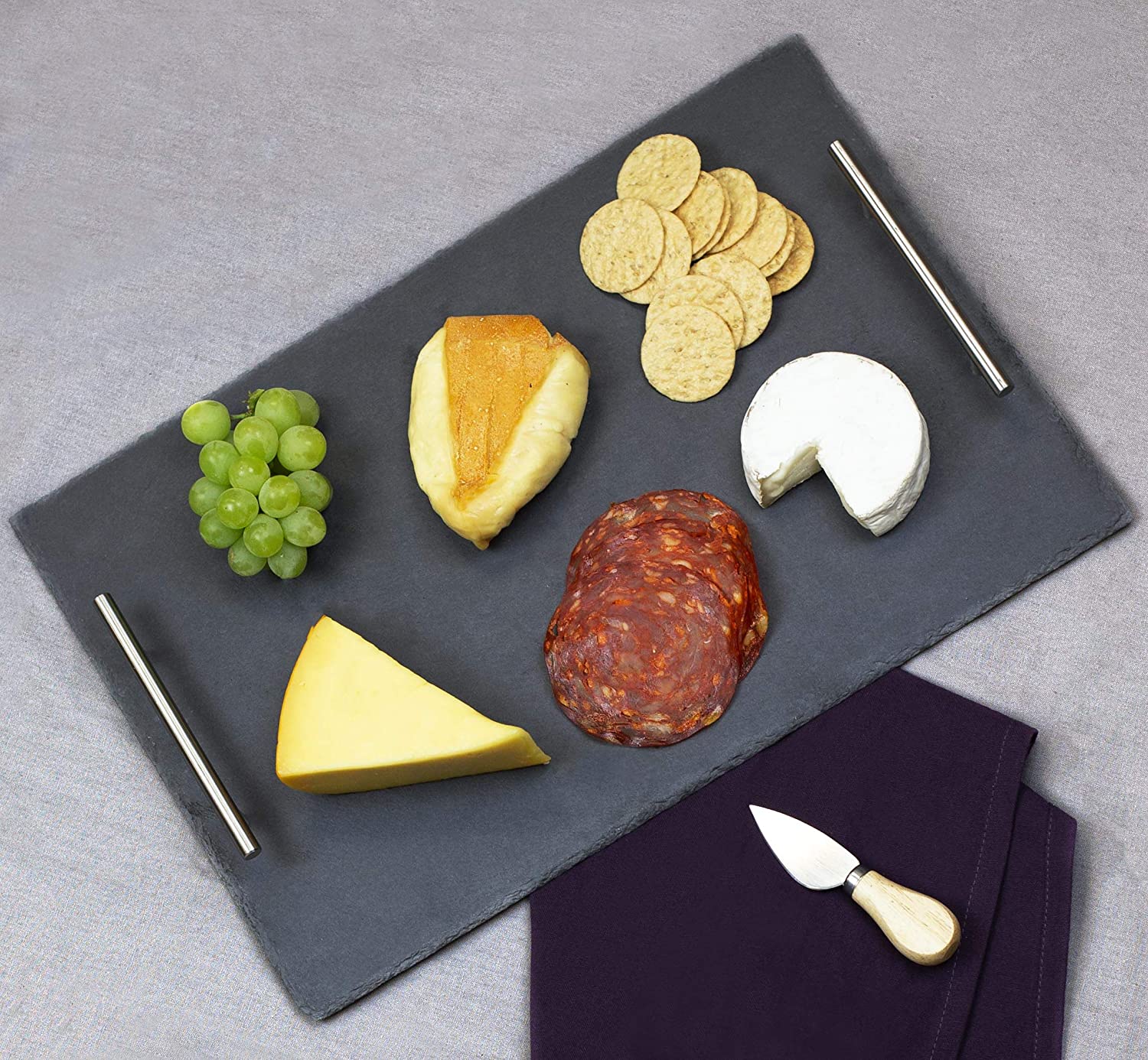 Price:$24.43 Basics Slate Serving Tray with Stainless Steel Handles, Gourmet Board with Natural Edge for Cheese, Appetizer, Baked Goodies, Dry Fruits, 12" x 16", Black: Serving Trays