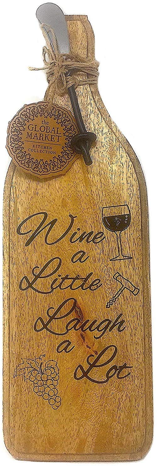Price:$24.95 of Wood Serving Board and Hors d’oeuvres Knife, Wine Bottle Shape Cheese Appetizer Serving Tray (Wine a Little): Cheese Servers