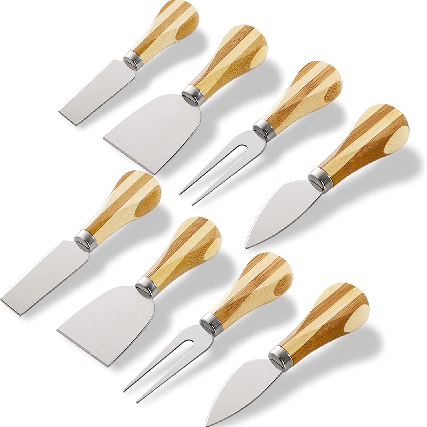 Price:$13.99 8 Pieces Cheese Knives Set with Bamboo Handle, Stainless Steel Cheese Slicer Cheese Cutter for Charcuterie Board Accessories, Cheese Knife, Shaver, Fork and Spreader: Home & Kitchen