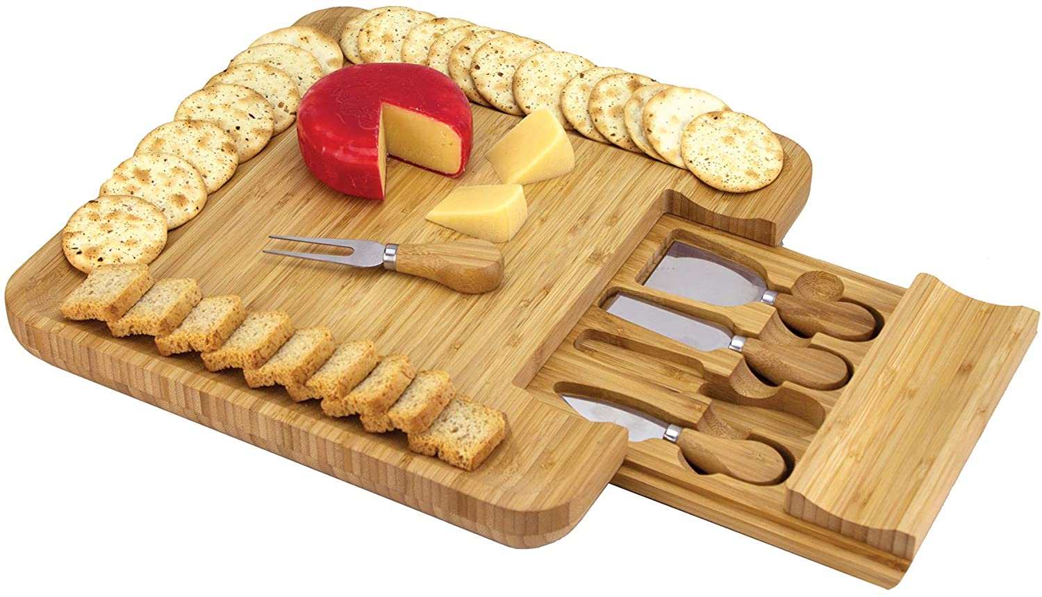Price:$39.99 Bamboo 4 Piece Knife Set and Cheese Board with Storage Drawer: Cheese Servers