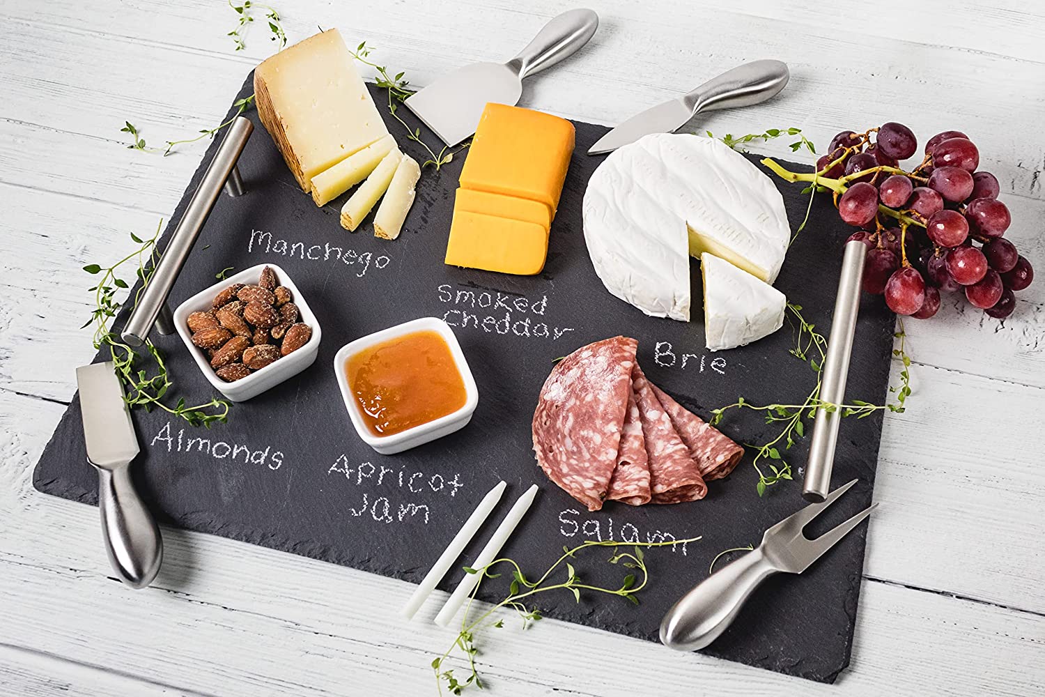 Price:$42.99 Cheese Board Set | 9 pcs - 12" x 16" Serving Tray, Stainless Steel Cheese Knife Set with Ceramic Bowls + Soapstone Chalk: Cheese Plates