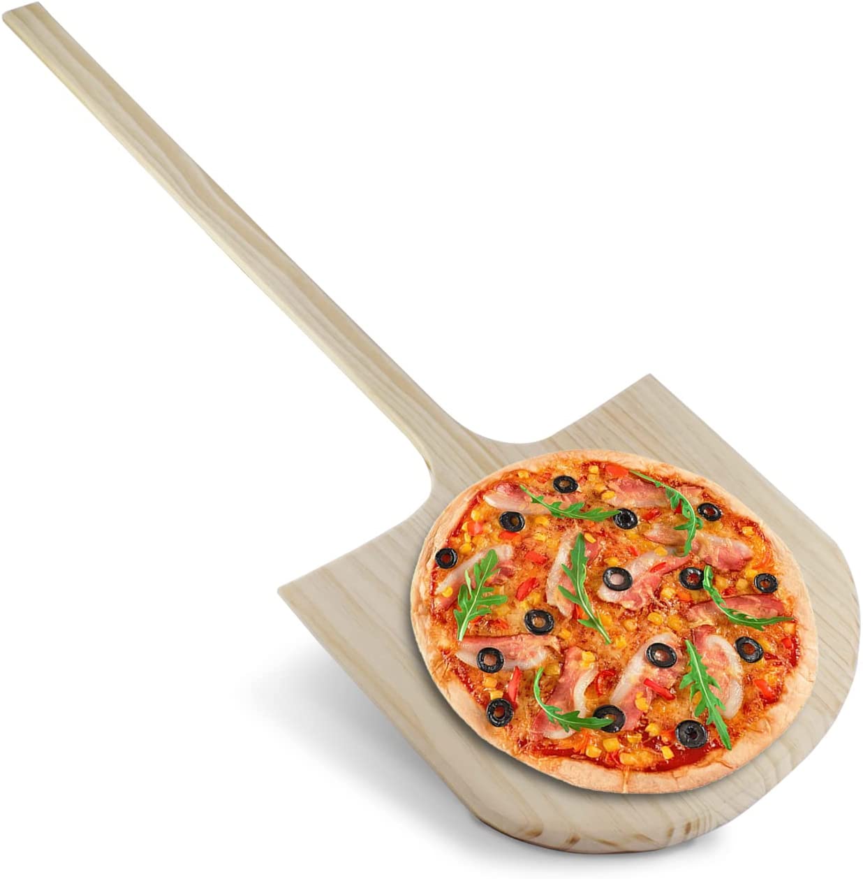Price:$25.60 Peel 14 inch wood- Extra Large Wooden Peel cutting Board Plate Paddle with Easy Grip Handle Oven Safe for Homemade Pizza, Cheese and Charcuterie Boards(14" x 14" x39"): Home & Kitchen
