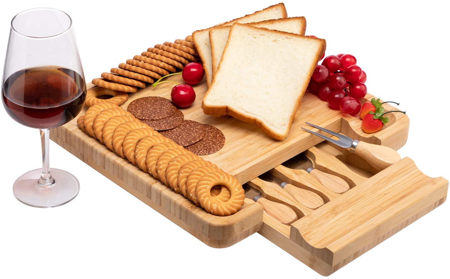 Price:$59.99 Bamboo Cheese Board With Cutlery Set, Natural Wood Color Bamboo Tray And 4 Stainless Steel Knives, Suitable For Birthday , Housewarming And Wedding Gifts( 13"x 13"x 1.6"): Cheese Plates