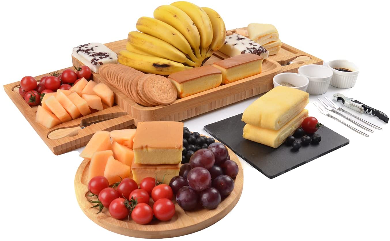 Price:$42.99 Board and Knife Set , Wood /Bamboo Charcuterie Platter / Board with Drawer ,Serving Tray, Gift for Birthdays, Wedding Registry,Housewarming,Party Thanksgiving: Plates