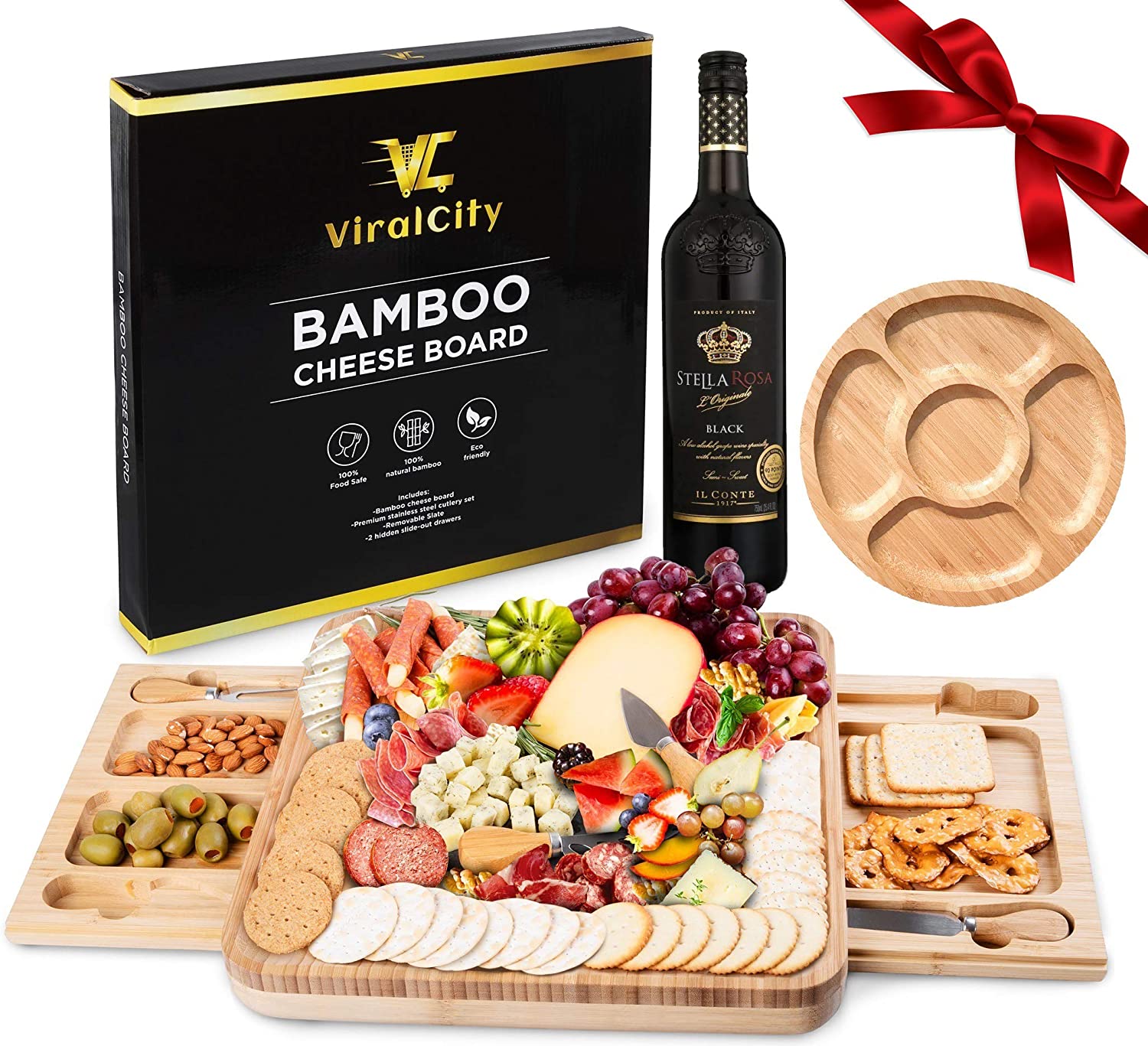 Price:$49.99 Bamboo Cheese Board and Knife Set, Snack Tray Included, 13.8 x 13 x 1.6 Inch Wood Charcuterie Platter for Wine, Cheese, Meat, Large: Cheese Plates