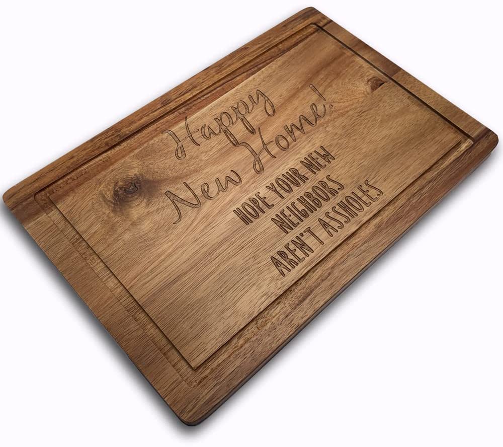Price:$18.99 Happy New Home Wooden Cutting Board for Kitchen Acacia Wood Chopping Board for Meat, Vegetables, Fruit & Cheese, Humor Gifts for Spouse Friend Sisters Housewarming gift: Home & Kitchen