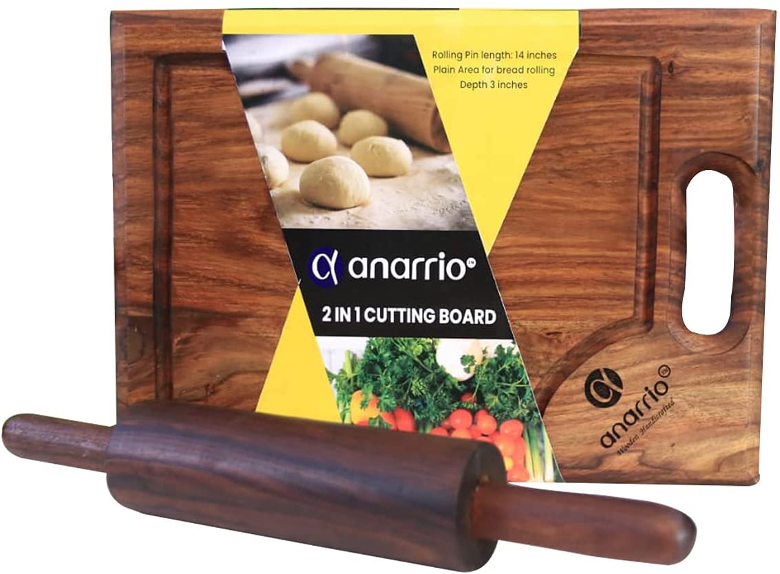 Price:$29.95 Cutting Board with Juice Drip Groove Reversible Wooden Dough Rolling Board with Rolling Pin Roti Kitchen Chopping for Meat and Cheese and Vegetables Platter (Board14x10 x Pin 14x3 Inch): Home & Kitchen