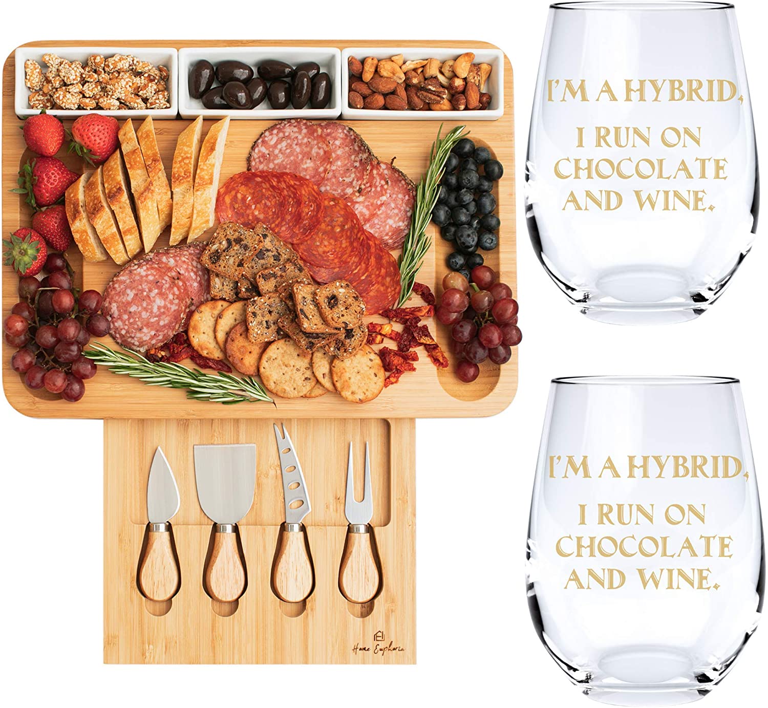Price:$59.99 Euphoria Natural Bamboo Cheese Board and Cutlery Set with Rectangular Ceramic Ramekins & 2 Hybrid | Stemless Funny Wine Glass | Cute Wine Glass for Women or Men: Cheese Plates