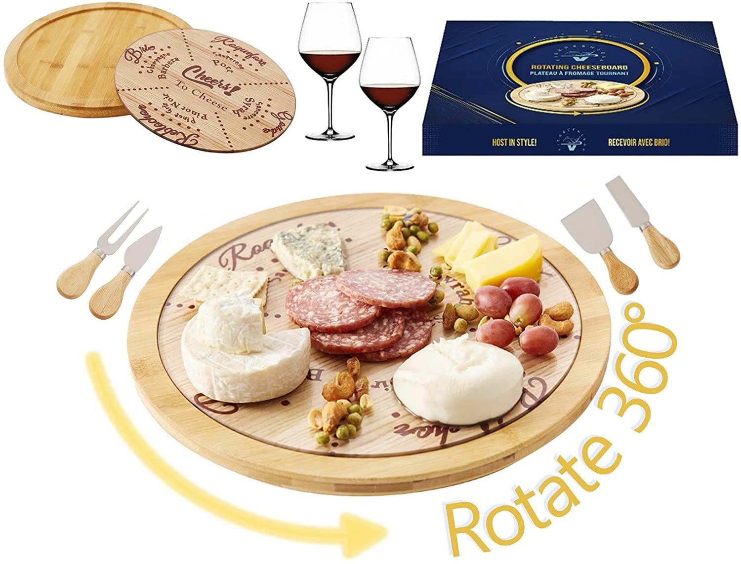 Price:$45.00 Cheese Board Set with cutlery Rotating charcuterie board - UNIQUE Cheese wine pairing Serving Platter with Knife Set for sharing food Premium Bamboo serving platter gift set by VieGreenleaf: Cheese Plates