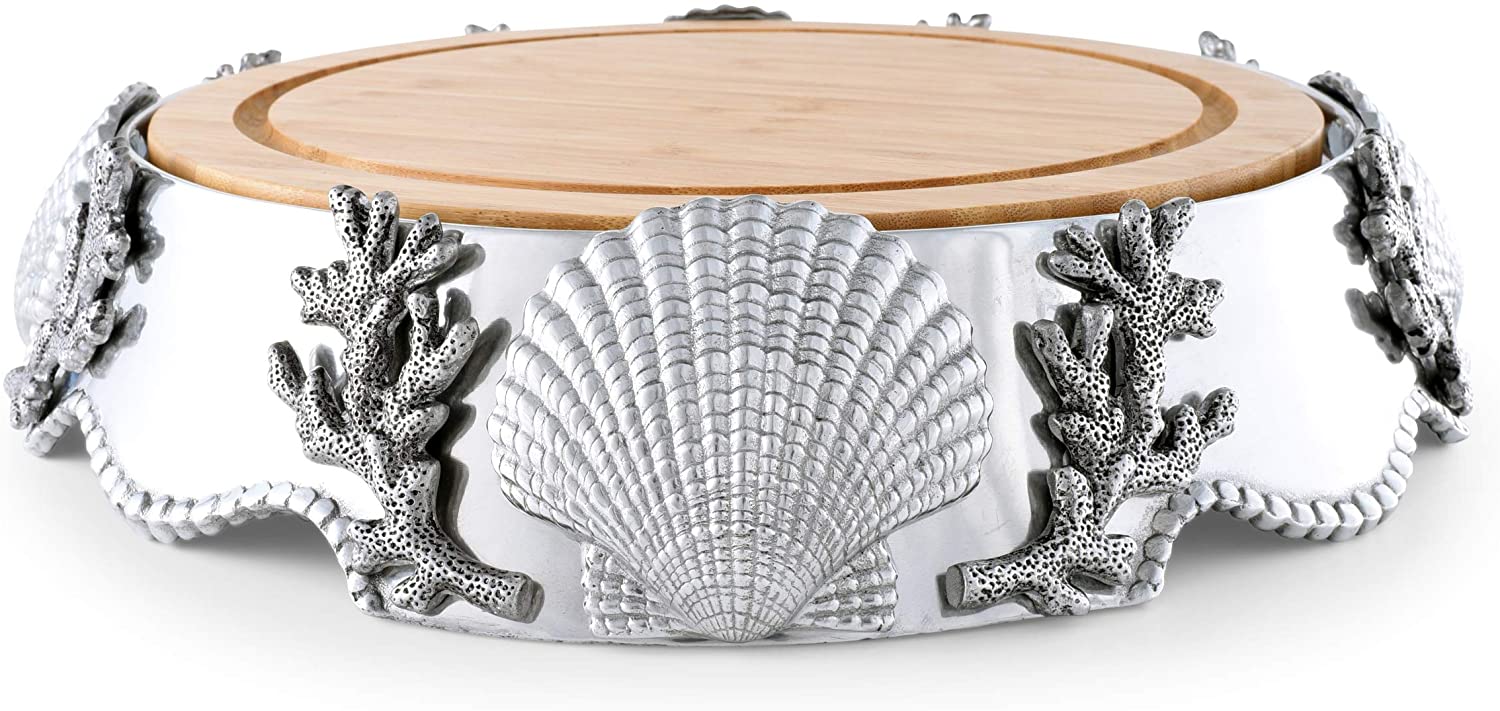 Price:$191.99 Court Coastal Pattern Aluminum Alloy Pedestal Cheese / Cake Stand with Removable Acacia Board 13 Inch Diameter: Platters