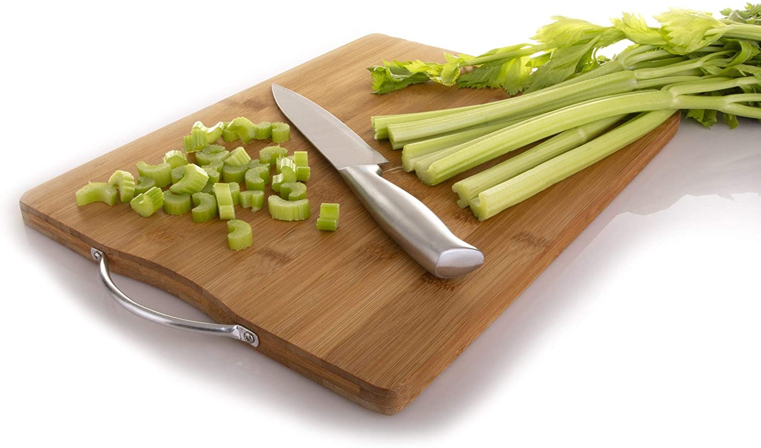 Price:$15.99 Large Organic Bamboo Cutting board, Cheese Board, Serving Tray, Stainless Steel Handle Reversible Design for Cutting & Serving by Kozy Kitchen: Home & Kitchen
