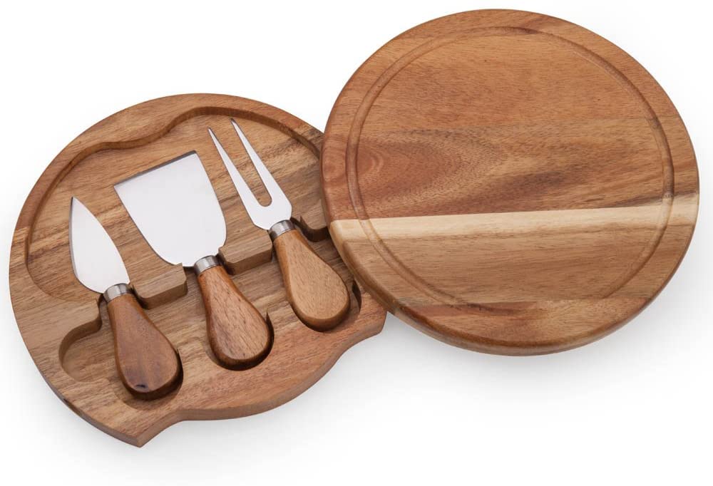 Price:$19.55 Slide-Out Acacia Wood Cheese Serving Board and 3 Piece Cheese Tool Set, 7.5 inch Diameter (Acacia Wood): Cheese Plates