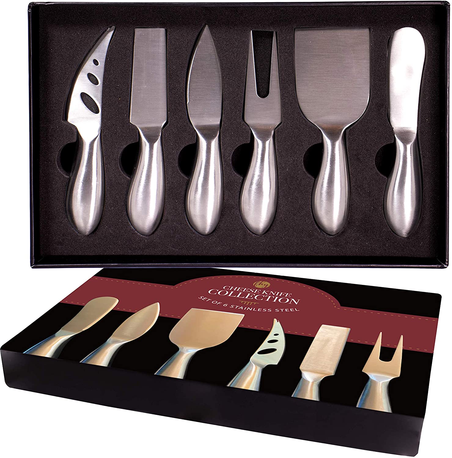 Price:$25.97 Cheese Knives Set: 6-Piece Stainless Steel Cheese Knife Set for Charcuterie with Spreader, Fork and Case. (Great Gift Set): Home & Kitchen