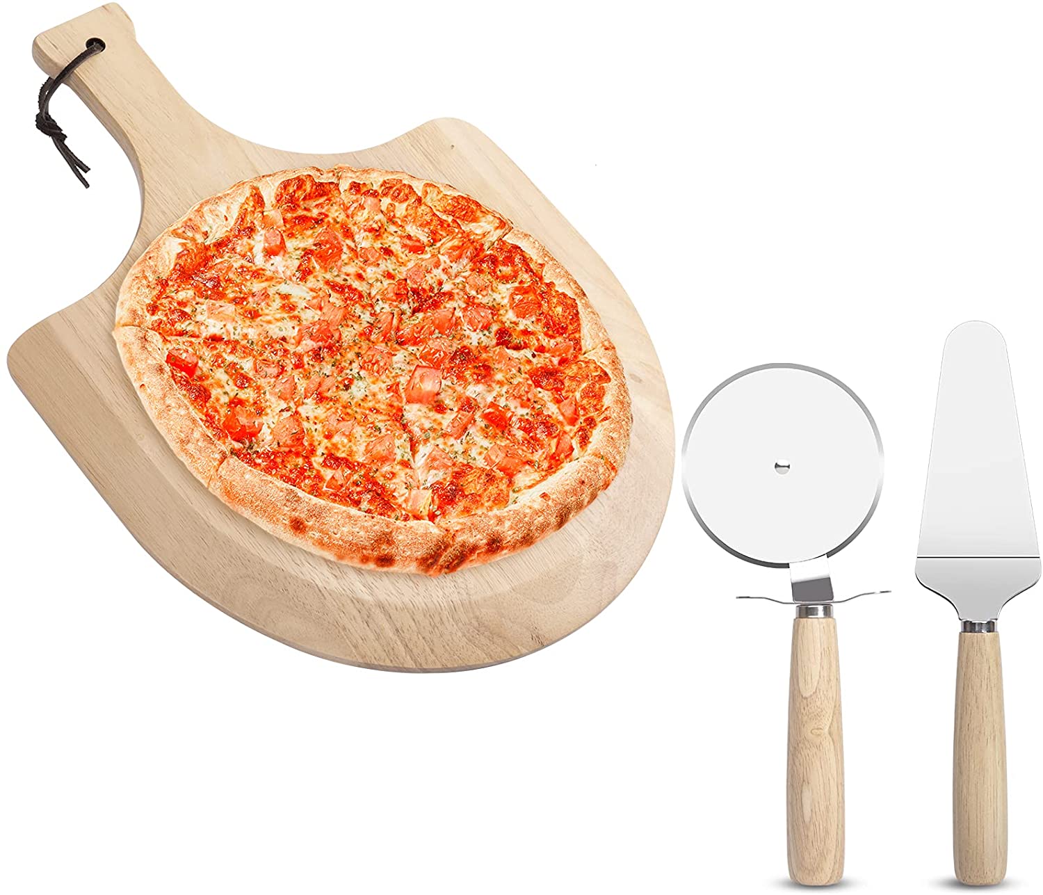 Price:$15.99 Pizza Peel, 12 Inch Wood Pizza Paddle with Pizza Cutter and Server for Homemade Pizza, Natural Cutting Board and Cheese Board: Home & Kitchen