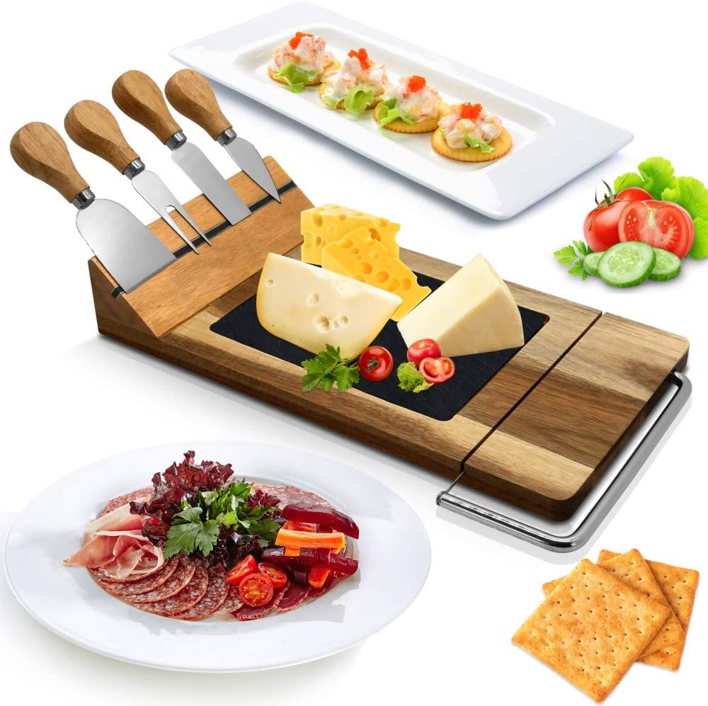 Price:$29.99 Slicing Bamboo Cheese Board Platter-4 Stainless Steel Knives and Magnet Holder-Modern Wood Snack Serving Tray w/Stone Slate Slab, Slicer Blade for Cutting Food, Fruit, Meat: Cheese Servers