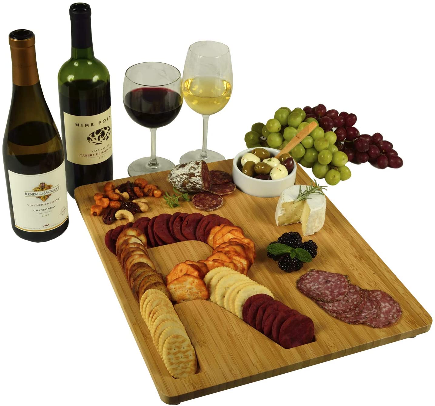 Price:$45.00 at Ascot Alphabet Bamboo Cheese/Charcuterie Board with a Cracker groove milled into the shape of a Letter - Includes Ceramic Dip/Olive Bowl with bamboo spoon- Designed in USA-Patent Pending: Cheese Plates