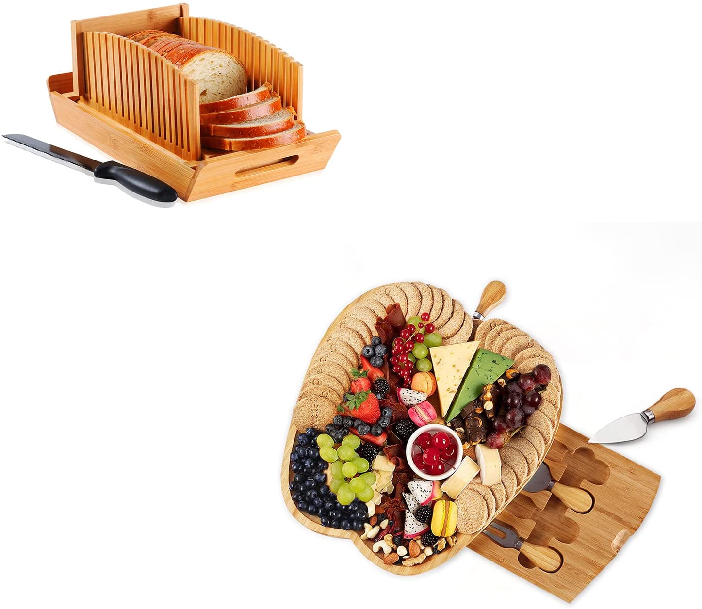 Price:$65.99 Core Bamboo Bread Slicer with Serrated Knife and Apple Cheese Board Set with Knives: Home & Kitchen
