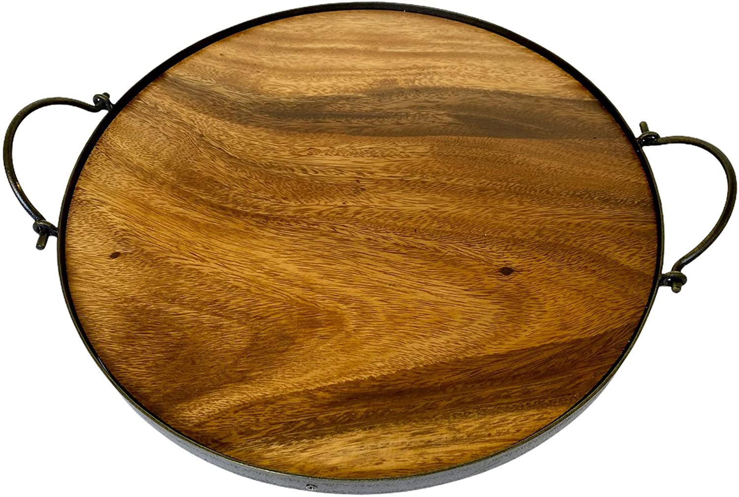Price:$39.99 : WRIGHTMART Tray, Wood Serving Platter, Round Pizza Serveware for Kitchen, Dining, Living Room, Poolside, Antique Steel Frame Edging, Easy Grip Server Handle, Made from of Acacia Hardwood, Natural. : Home & Kitchen