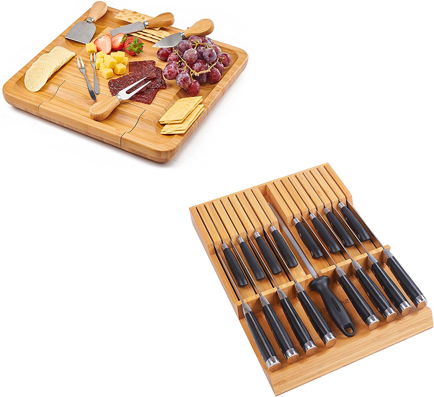 Price:$49.99 In-drawer Knife Block Bamboo Kitchen 16 Knifes Drawer Organizer and Cheese Board with Slide-in Knife Set Tray: Home & Kitchen