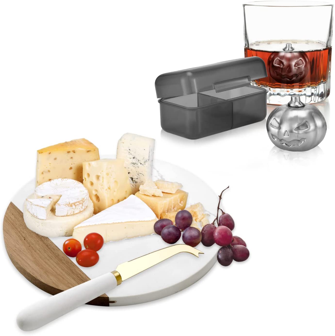Price:$44.99 White Marble and Acacia Wooden Cheese Board & Knife Set and Metal Ice Cube Whiskey Stones Gifts: Cheese Plates