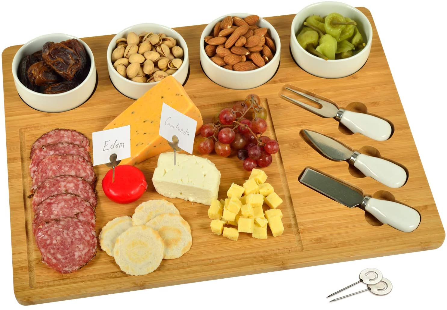 Price:$50.00 at Ascot Bamboo Cutting Board for Cheese & Charcuterie with 4 Ceramic Bowls, Knife Set & Cheese Markers - Designed & Quality Checked in the USA: Cheese Plates