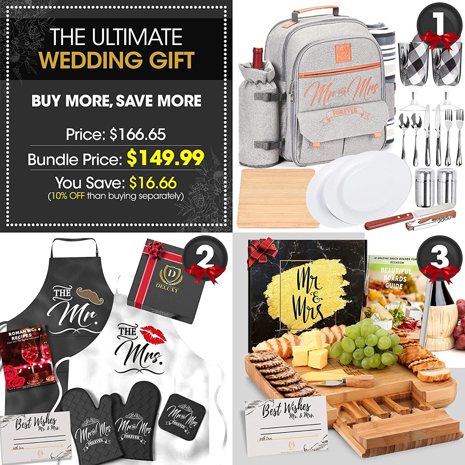 Price:$159.99 Mr & Mrs Ultimate Gift Set Bundle -Wedding Gifts For Couple, Best Bridal Shower Gifts For Bride, Engagement Gifts For Couples-Cheeseboard, Aprons, Picnic Backpack INCLUDED : Home & Kitchen
